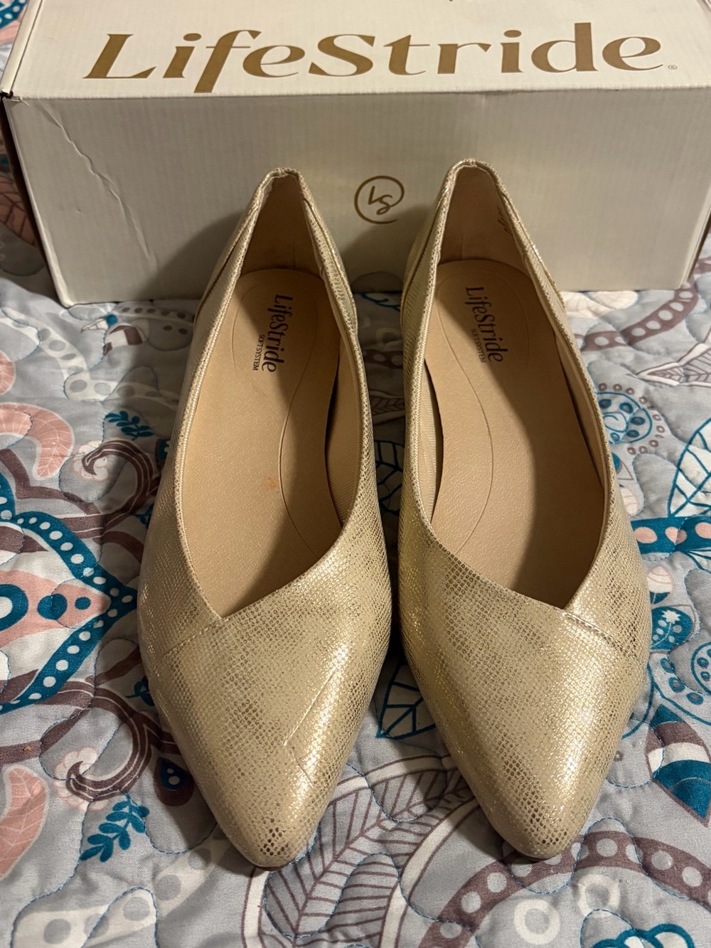 Life Stride Gold Pointed-Toe Slip-On Flats